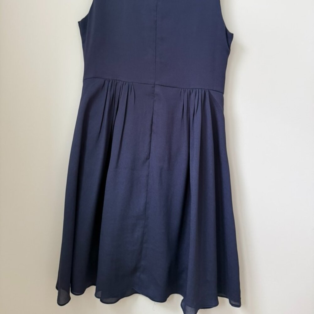 MOON COLLECTION Navy Chiffon Dress w/ Draped Cowl Neck & Waterfall Ruffle - Picture 2 of 3